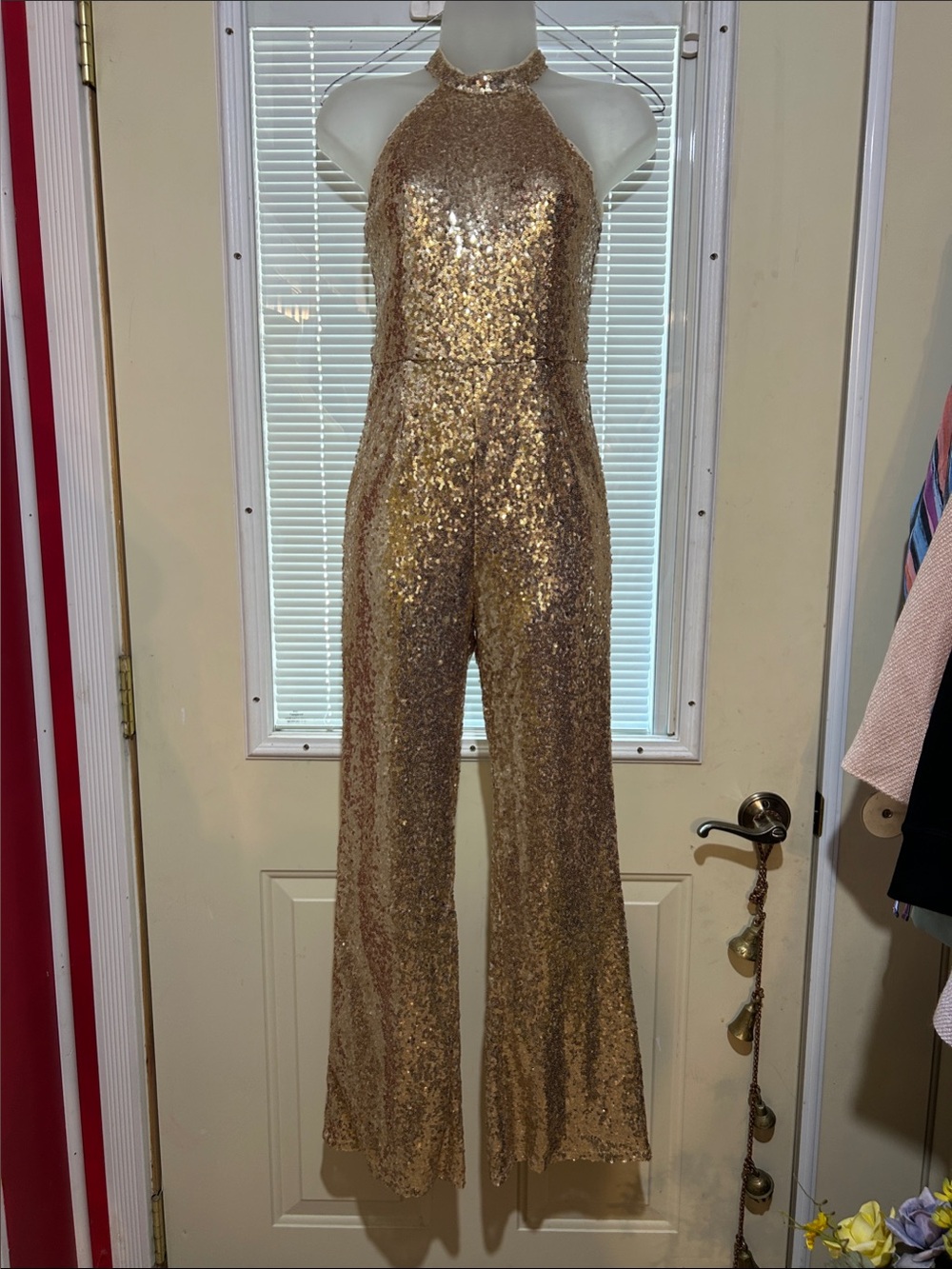 EUC Gold Sequin Halter Flare Leg Jumpsuit